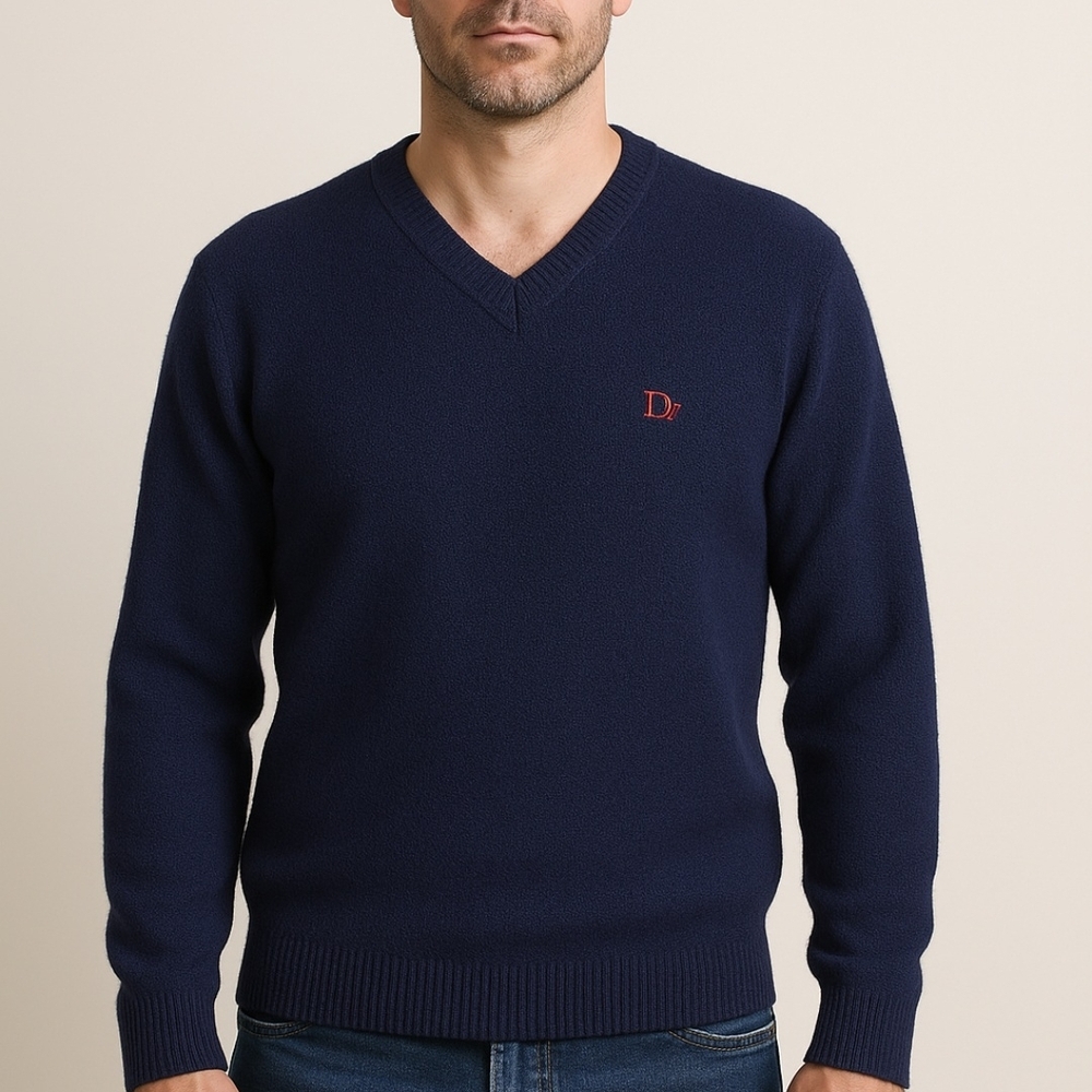 Christian Dior Men’s Navy Blue V-Neck Sweater • Red Logo‎ • Authentic • Size M